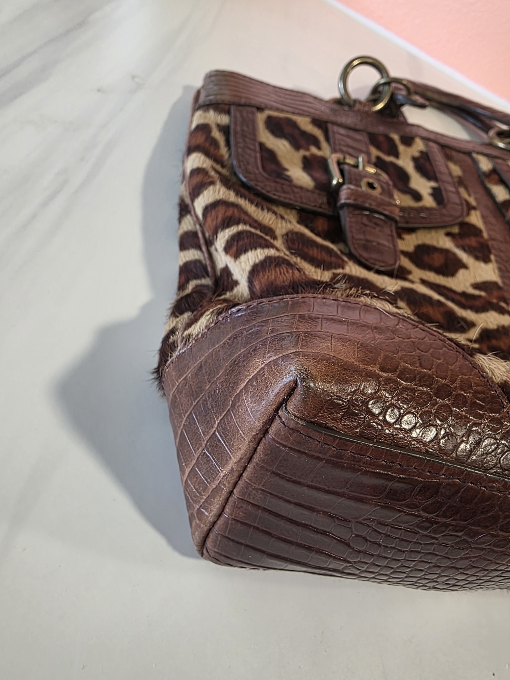 Isabella Fiore Brown Leopard Cowhide Fur Top-Handle Tote Luxury Animal Print Bag - Picture 7 of 16